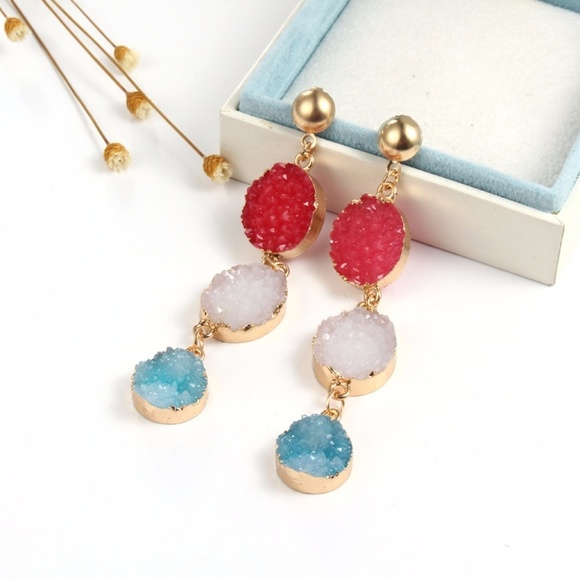 Sparkly Druzy Oval Dangle Earrings - Picture 1 of 2